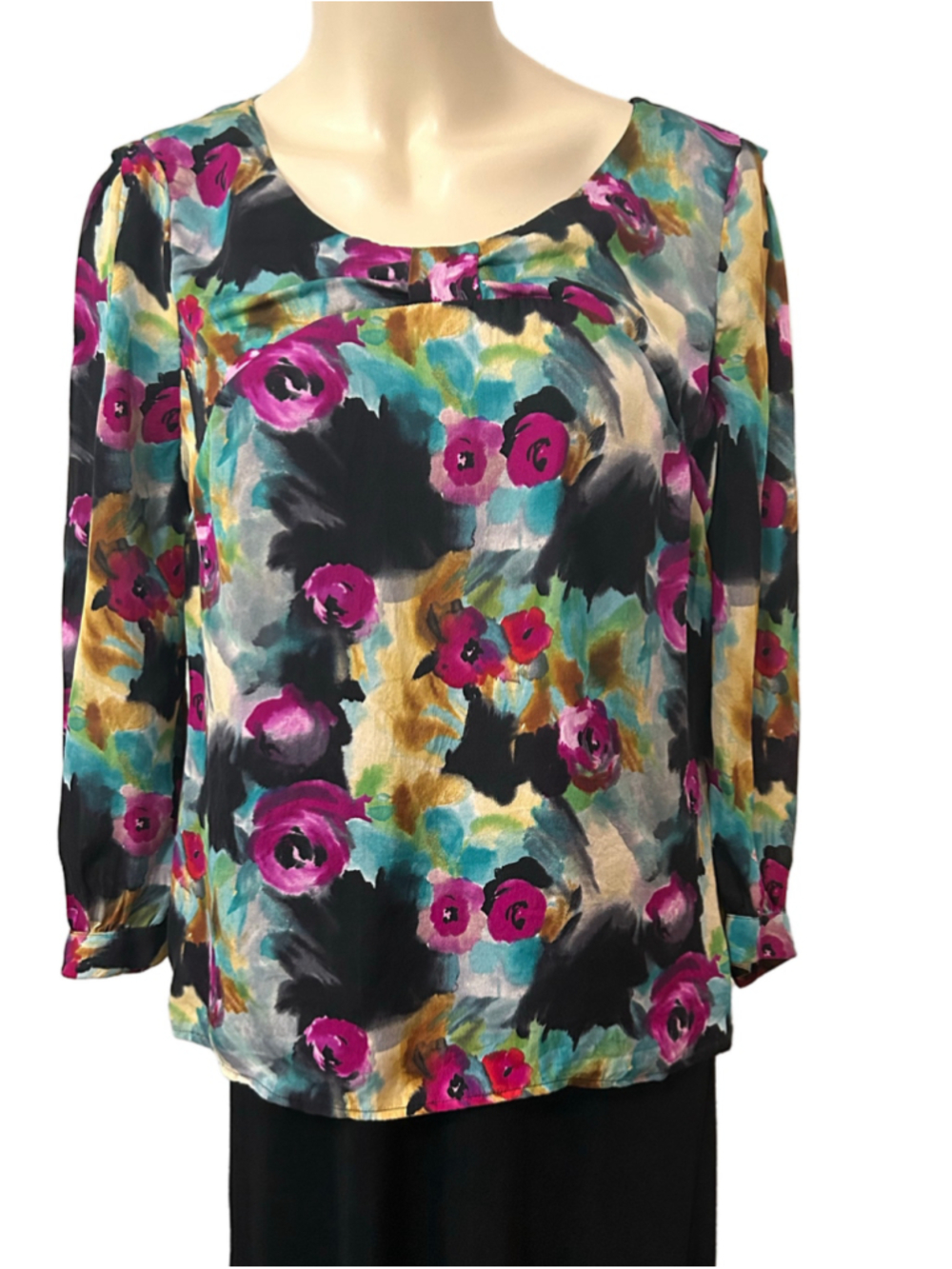 Jigsaw Silk Floral Blouse Watercolor Print Long Sleeve Size M